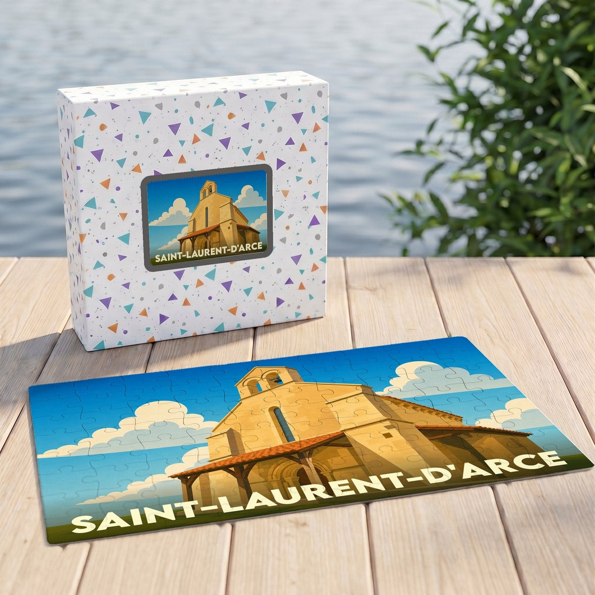 Puzzle souvenir de la ville de Saint-Laurent-d'Arce avec une illustration stylisée de son église et sa boîte assortie.