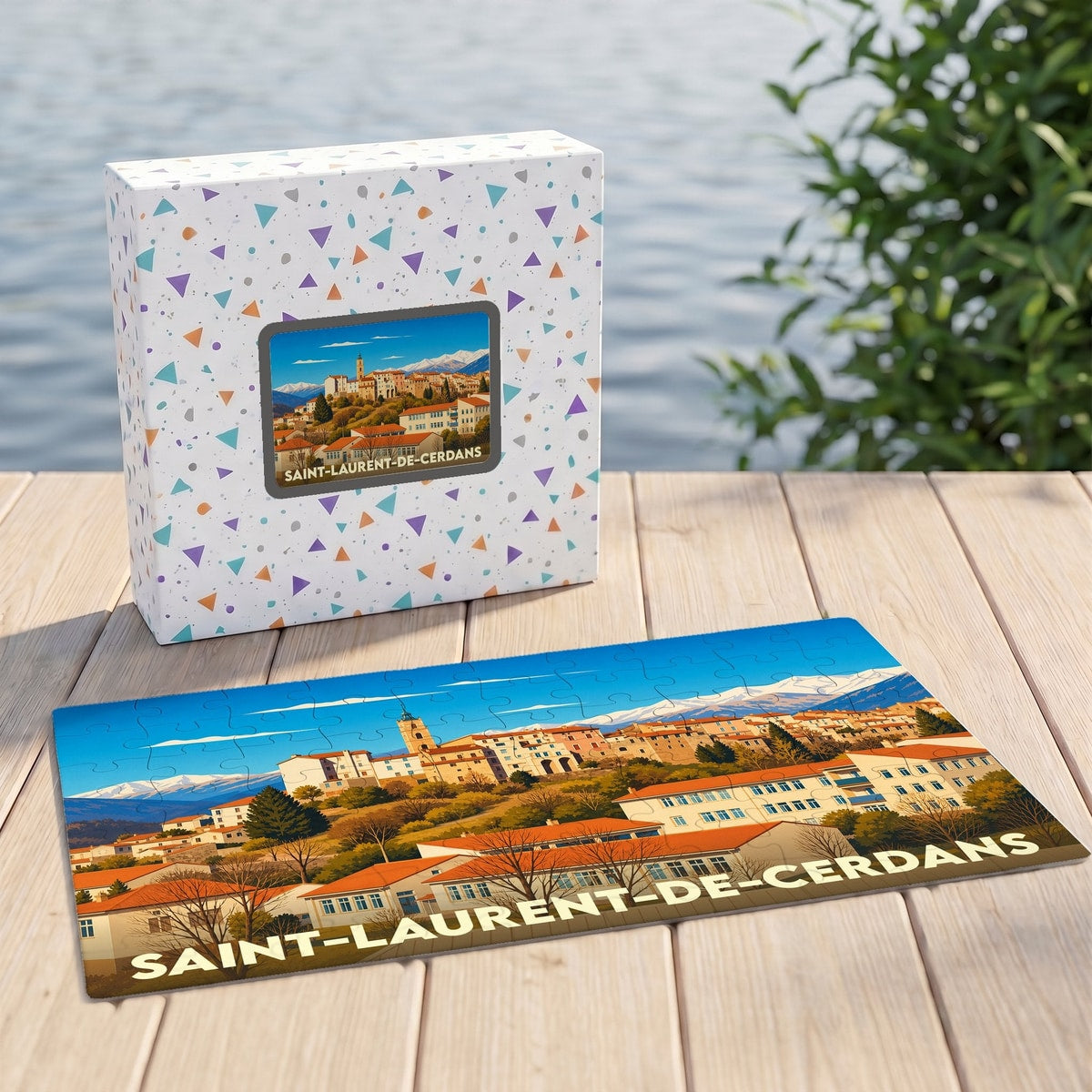 Puzzle souvenir de la ville de Saint-Laurent-de-Cerdans avec une illustration stylisée d'un paysage montagneux.