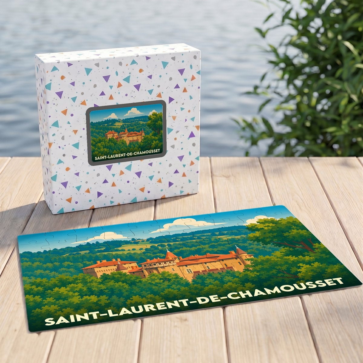 Puzzle souvenir de la ville de Saint-Laurent-de-Chamousset avec une illustration stylisée d'un château.