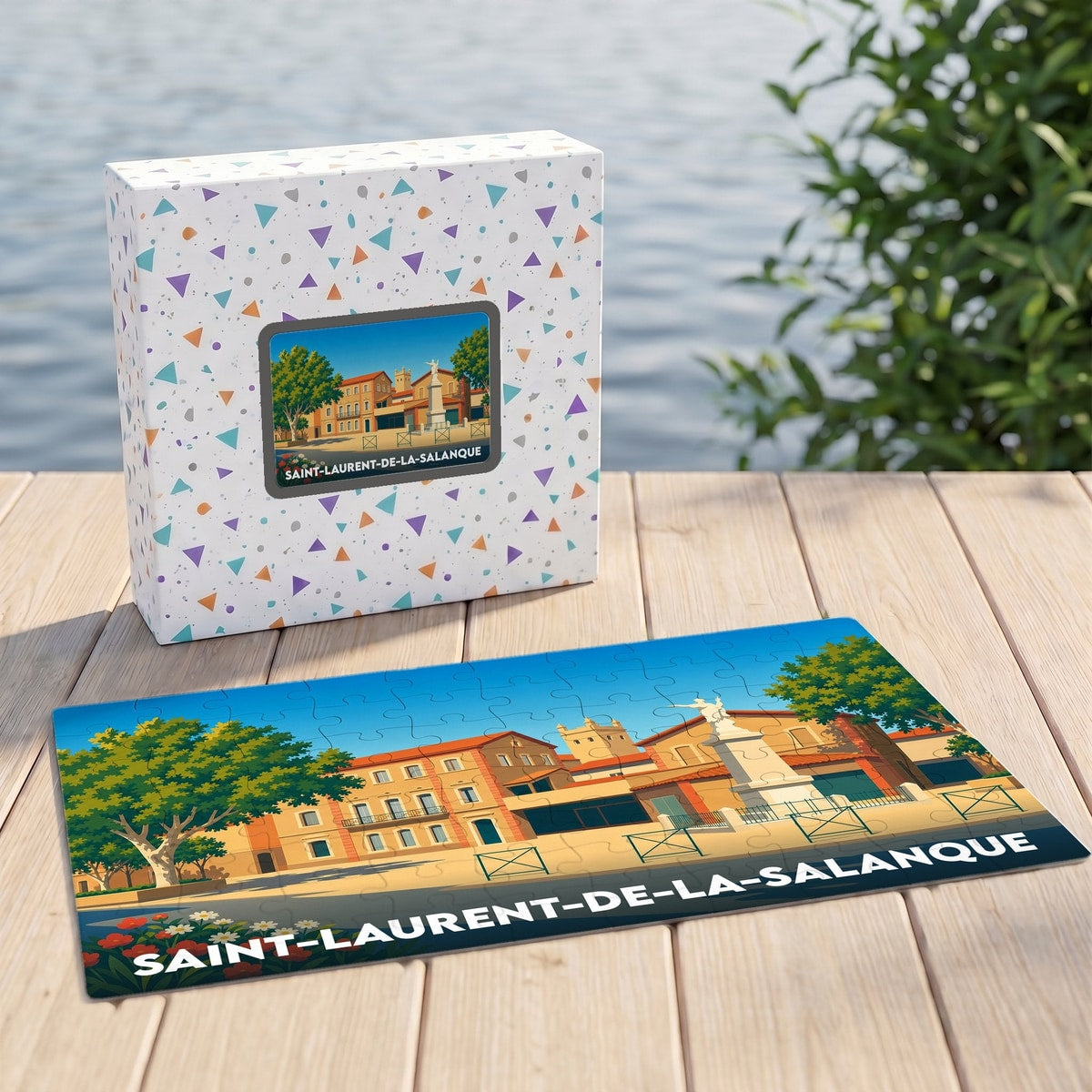 Puzzle souvenir de la ville de Saint-Laurent-de-la-Salanque avec une illustration stylisée et colorée.