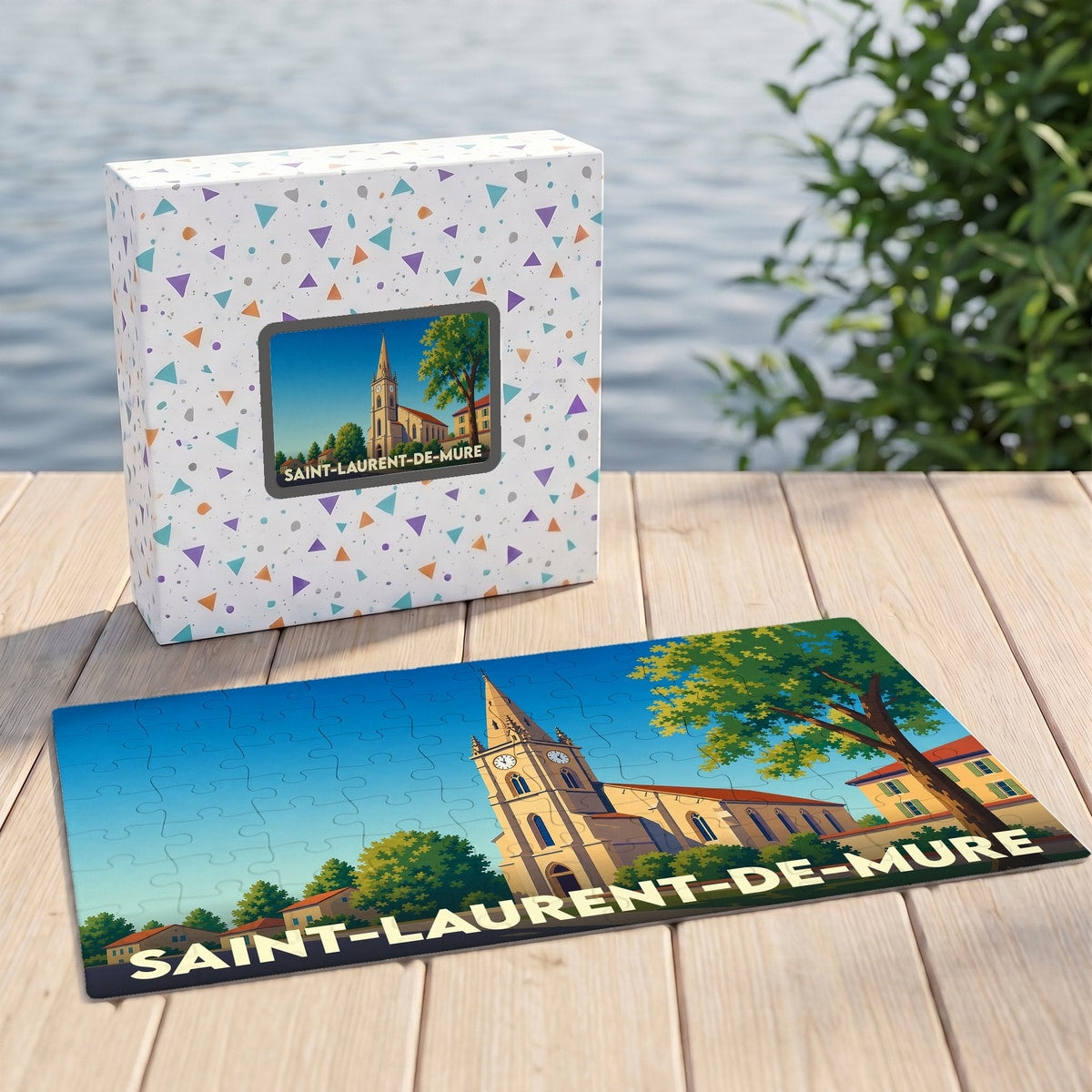 Puzzle souvenir de la ville de Saint-Laurent-de-Mure avec une illustration stylisée de son église.