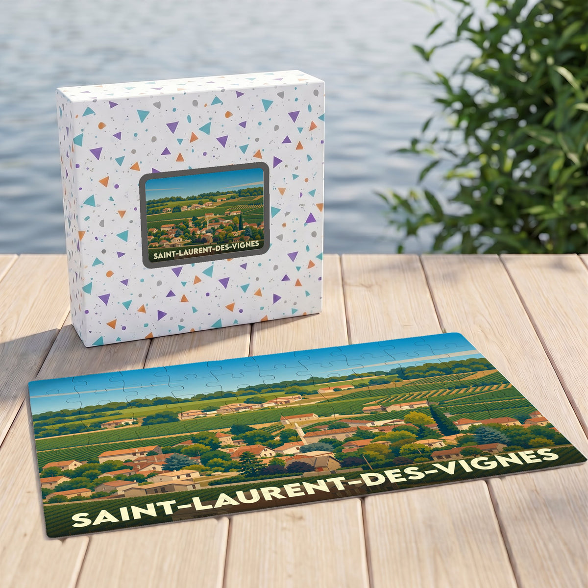 Puzzle souvenir de la ville de Saint-Laurent-des-Vignes avec une illustration de paysages viticoles.