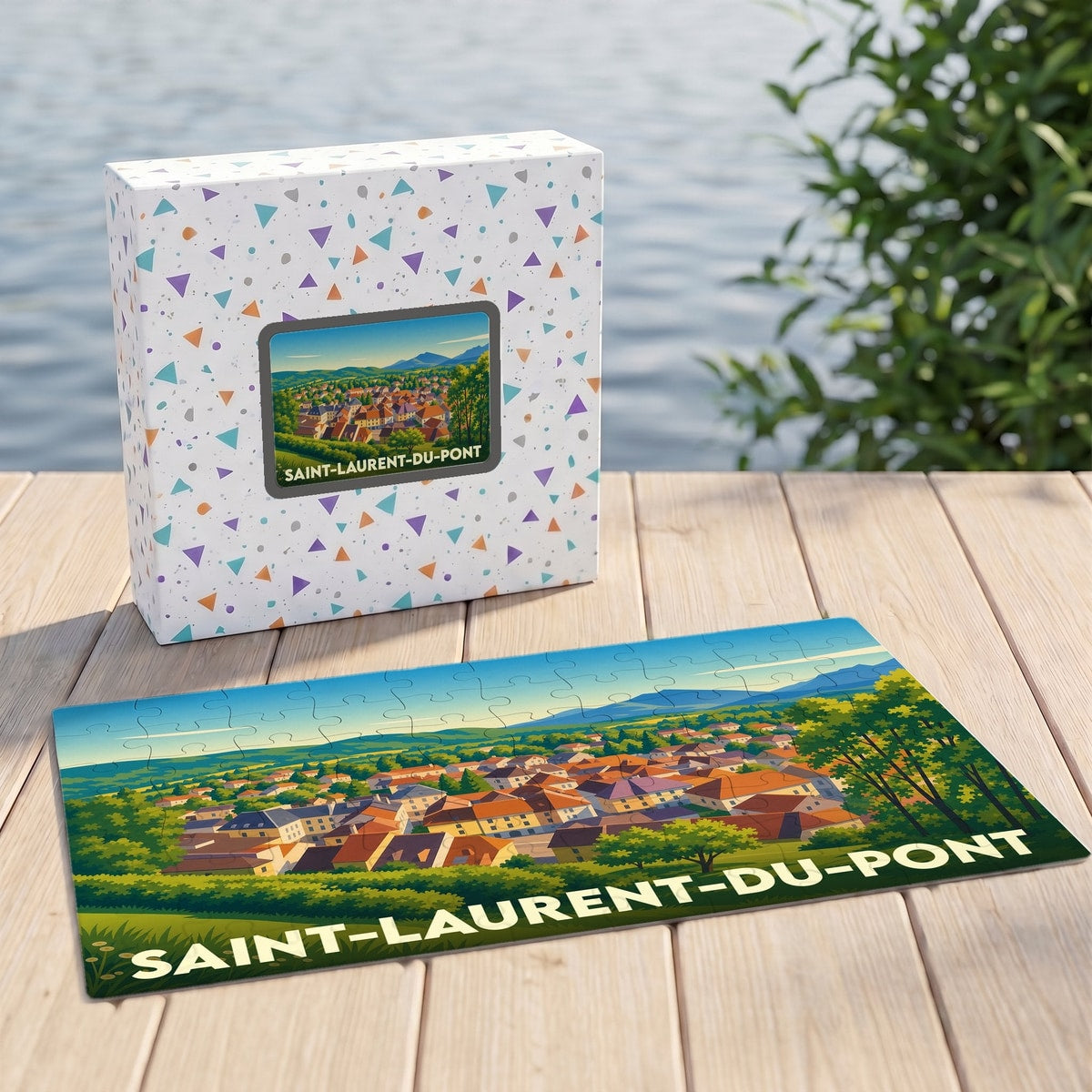 Puzzle souvenir de la ville de Saint-Laurent-du-Pont avec une illustration panoramique colorée.