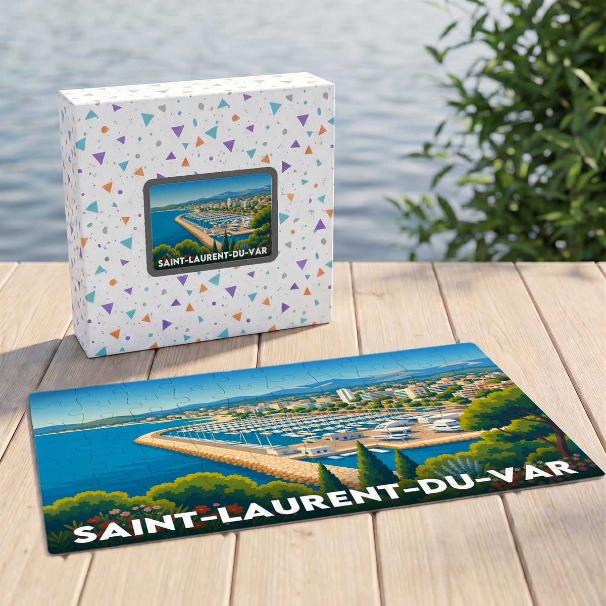 Puzzle souvenir de la ville de Saint-Laurent-du-Var avec une illustration stylisée de son port.