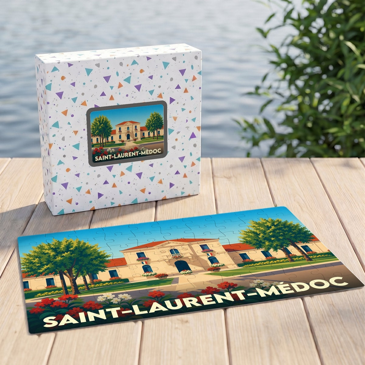 Puzzle souvenir de la ville de Saint-Laurent-Médoc avec une illustration stylisée et colorée.