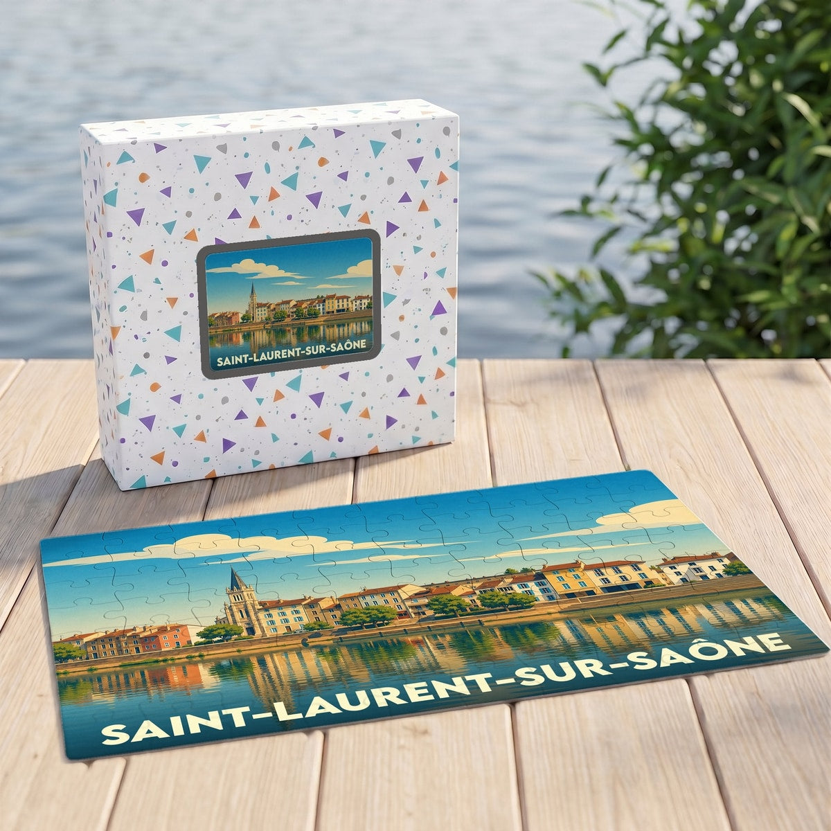 Puzzle souvenir de la ville de Saint-Laurent-sur-Saône avec une illustration stylisée en bord de rivière.