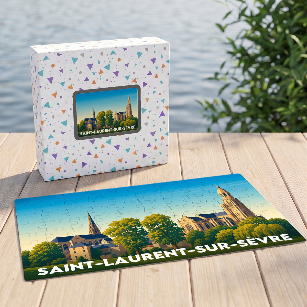 Puzzle souvenir de la ville de Saint-Laurent-sur-Sèvre avec une illustration stylisée de ses monuments.