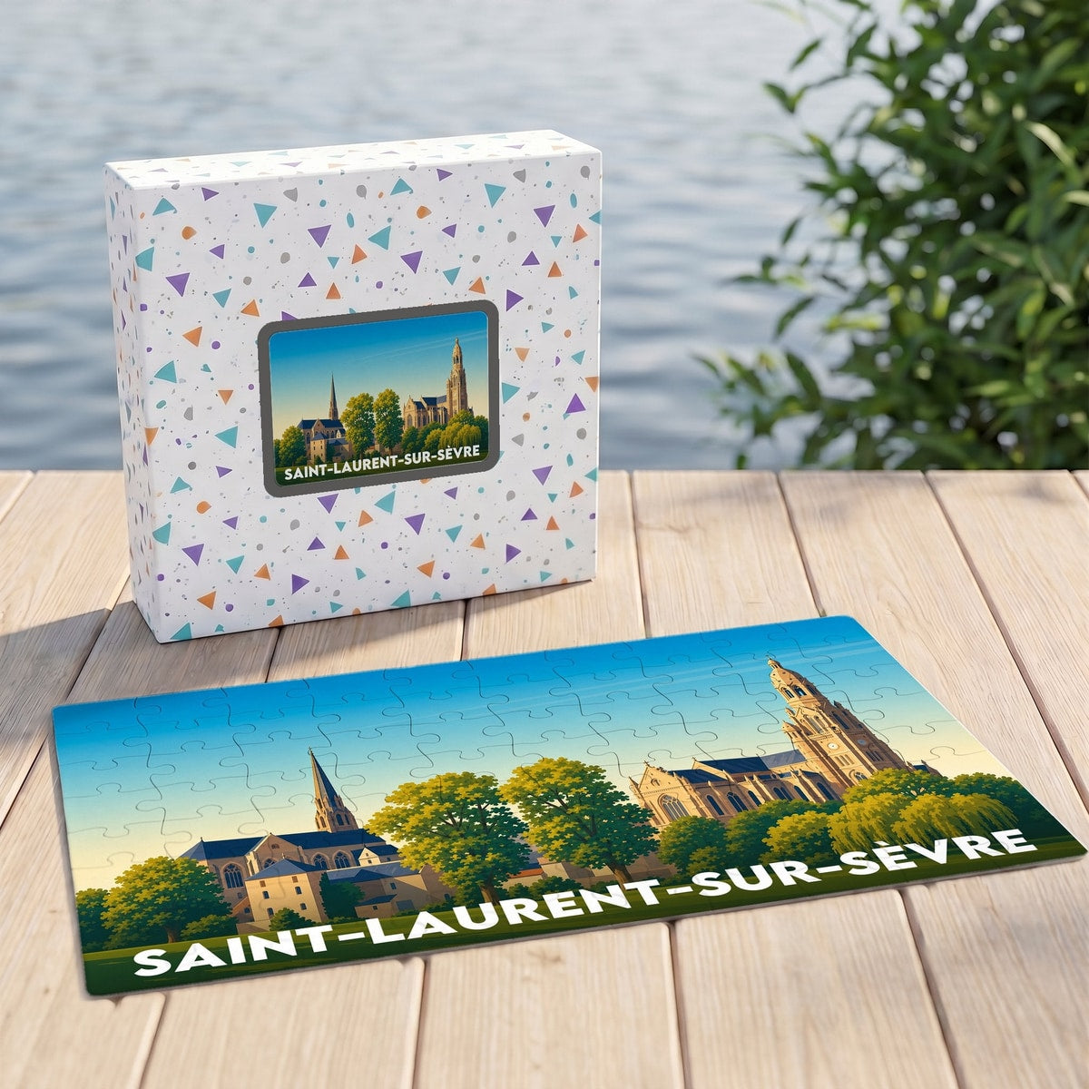 Puzzle souvenir de la ville de Saint-Laurent-sur-Sèvre avec une illustration stylisée de ses monuments.