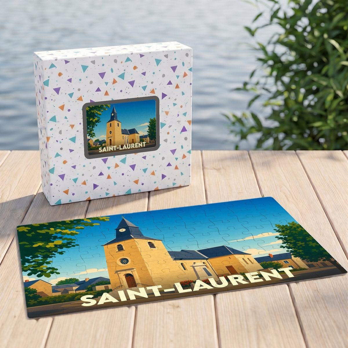 Puzzle souvenir de la ville de Saint-Laurent avec une illustration stylisée d'une église.