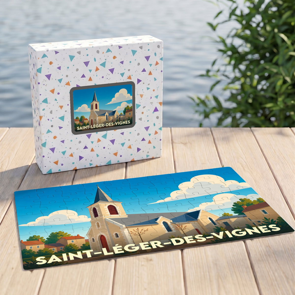 Puzzle souvenir de la ville de Saint-Léger-des-Vignes avec une illustration stylisée de son église.