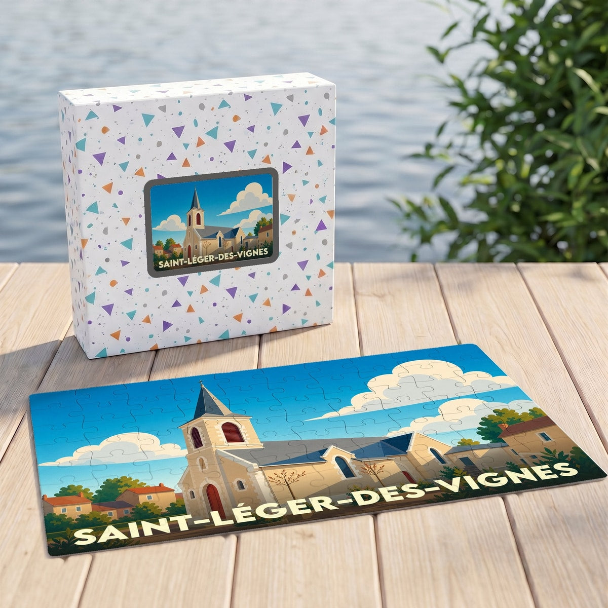 Puzzle souvenir de la ville de Saint-Léger-des-Vignes avec une illustration stylisée de son église.