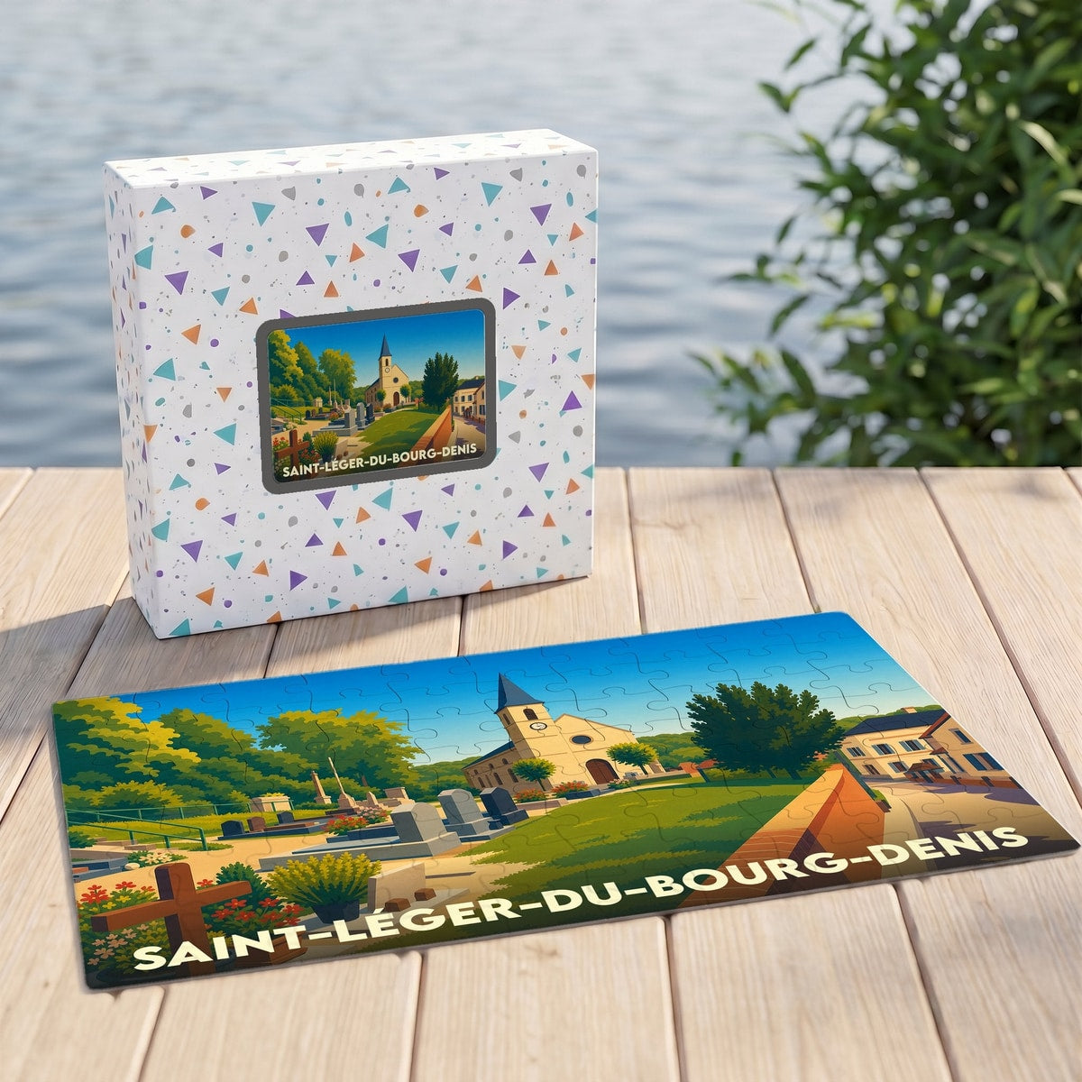 Puzzle souvenir de la ville de Saint-Léger-du-Bourg-Denis avec une illustration stylisée de son église et de son paysage.
