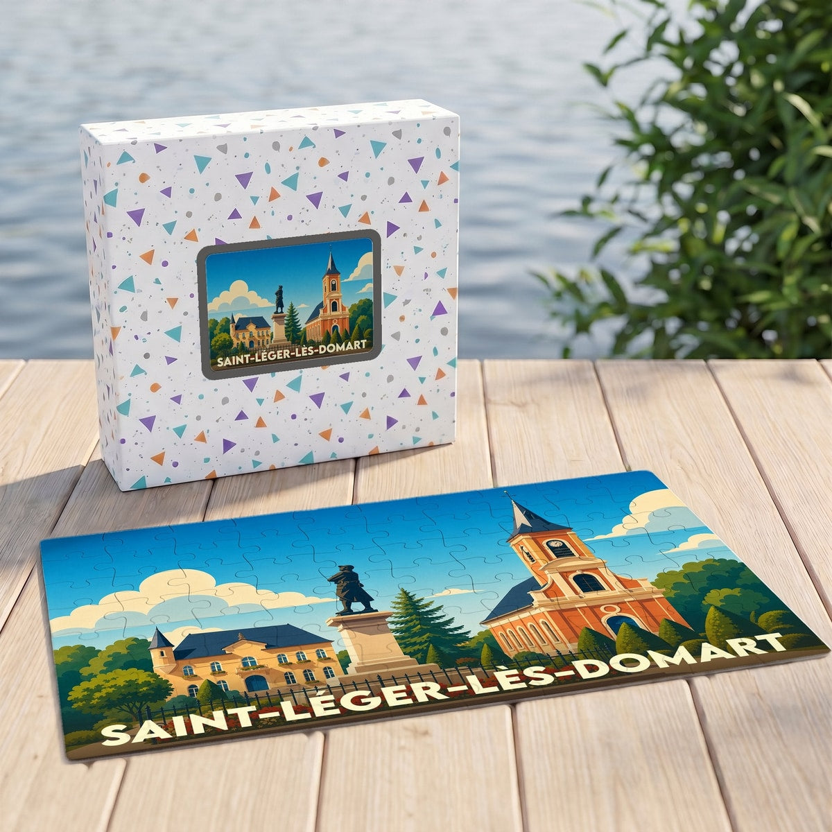 Puzzle souvenir de la ville de Saint-Léger-lès-Domart avec son illustration stylisée et sa boîte assortie.
