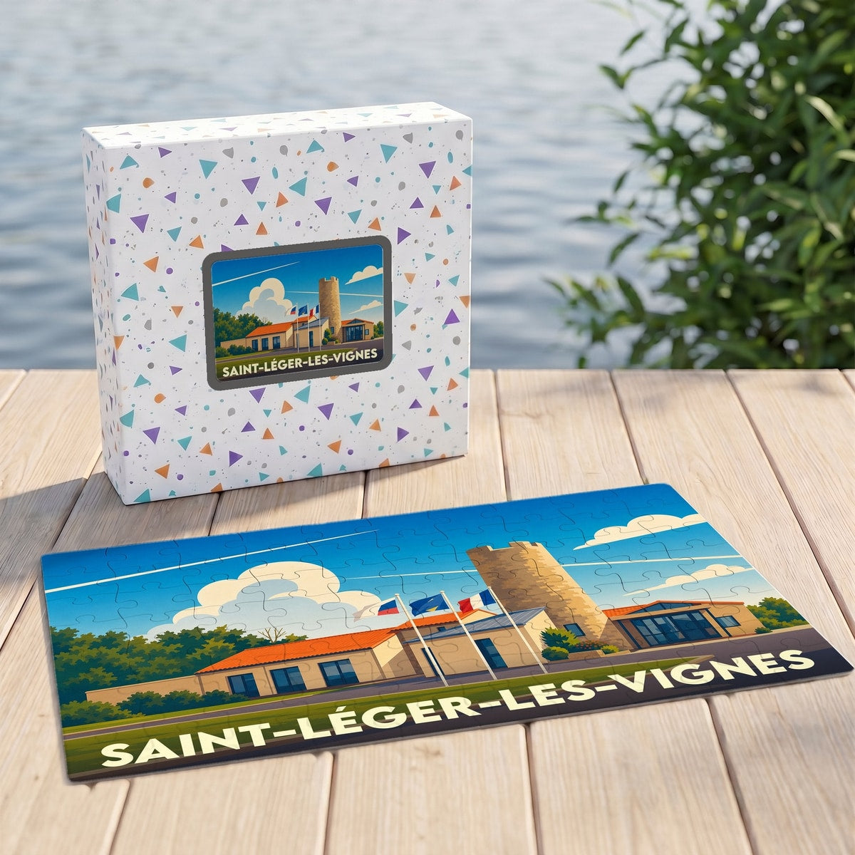 Puzzle souvenir de la ville de Saint-Léger-les-Vignes avec une illustration stylisée de son paysage.
