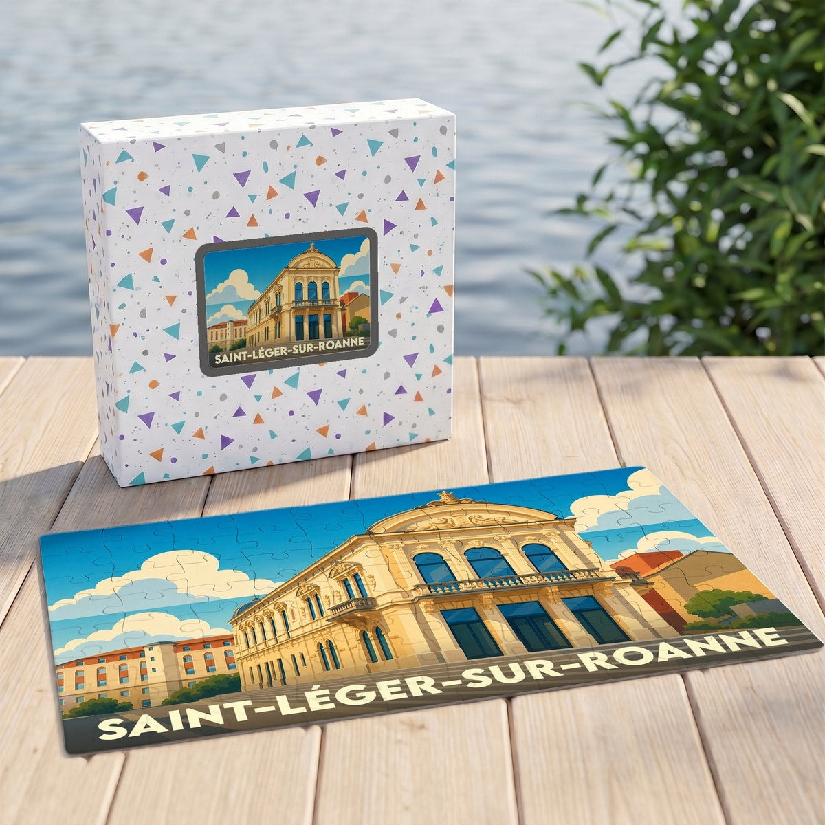 Puzzle souvenir de la ville de Saint-Léger-sur-Roanne avec son coffret et une illustration stylisée.
