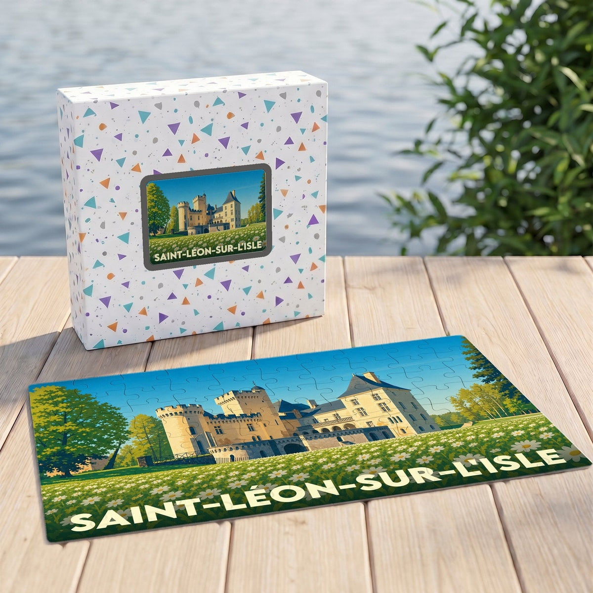 Puzzle souvenir de la ville de Saint-Léon-sur-l'Isle avec une illustration stylisée d'un château.