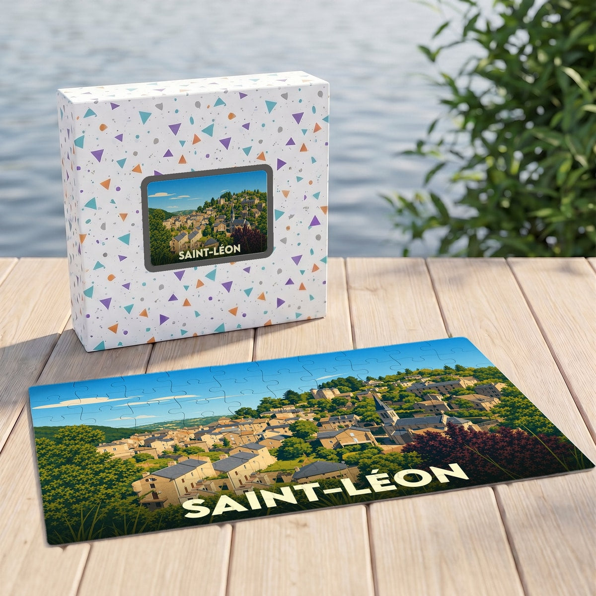 Puzzle souvenir de la ville de Saint-Léon avec une illustration de paysage urbain sur son coffret assorti.