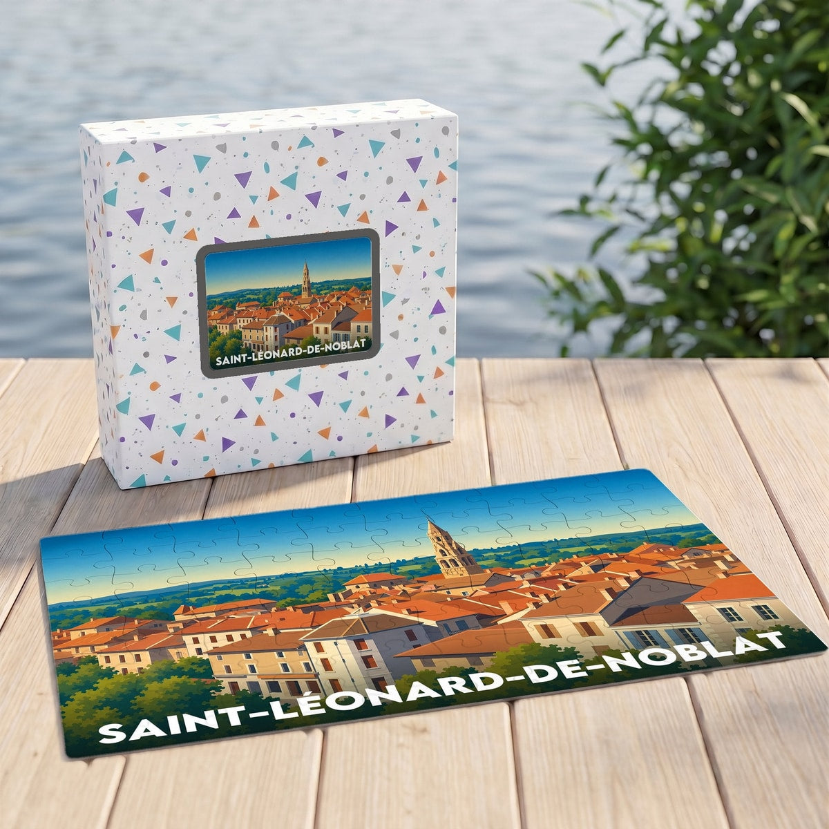 Puzzle souvenir de la ville de Saint-Léonard-de-Noblat avec une illustration stylisée d'un panorama urbain.