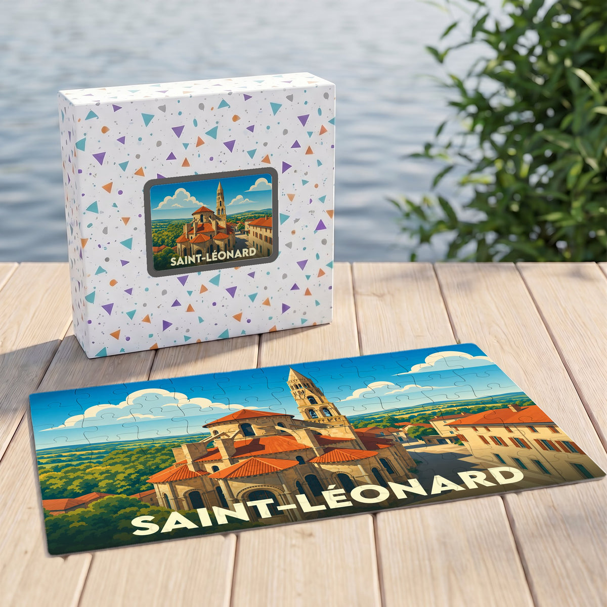 Puzzle souvenir de la ville de Saint-Léonard avec une illustration stylisée d'une église romane.