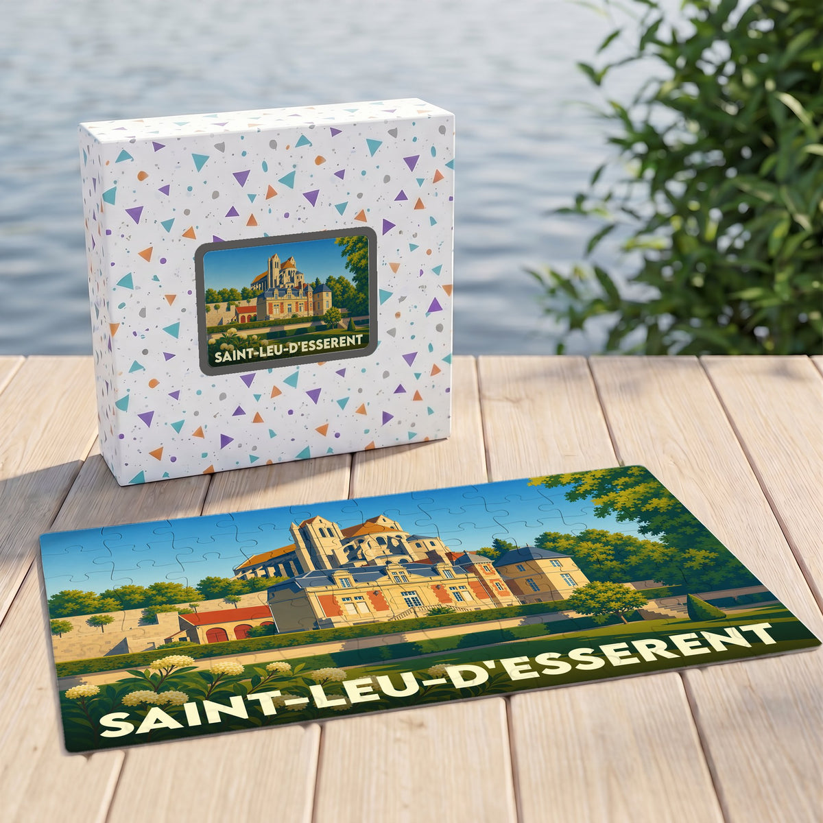 Puzzle souvenir de la ville de Saint-Leu-d'Esserent avec une illustration stylisée de son patrimoine architectural.