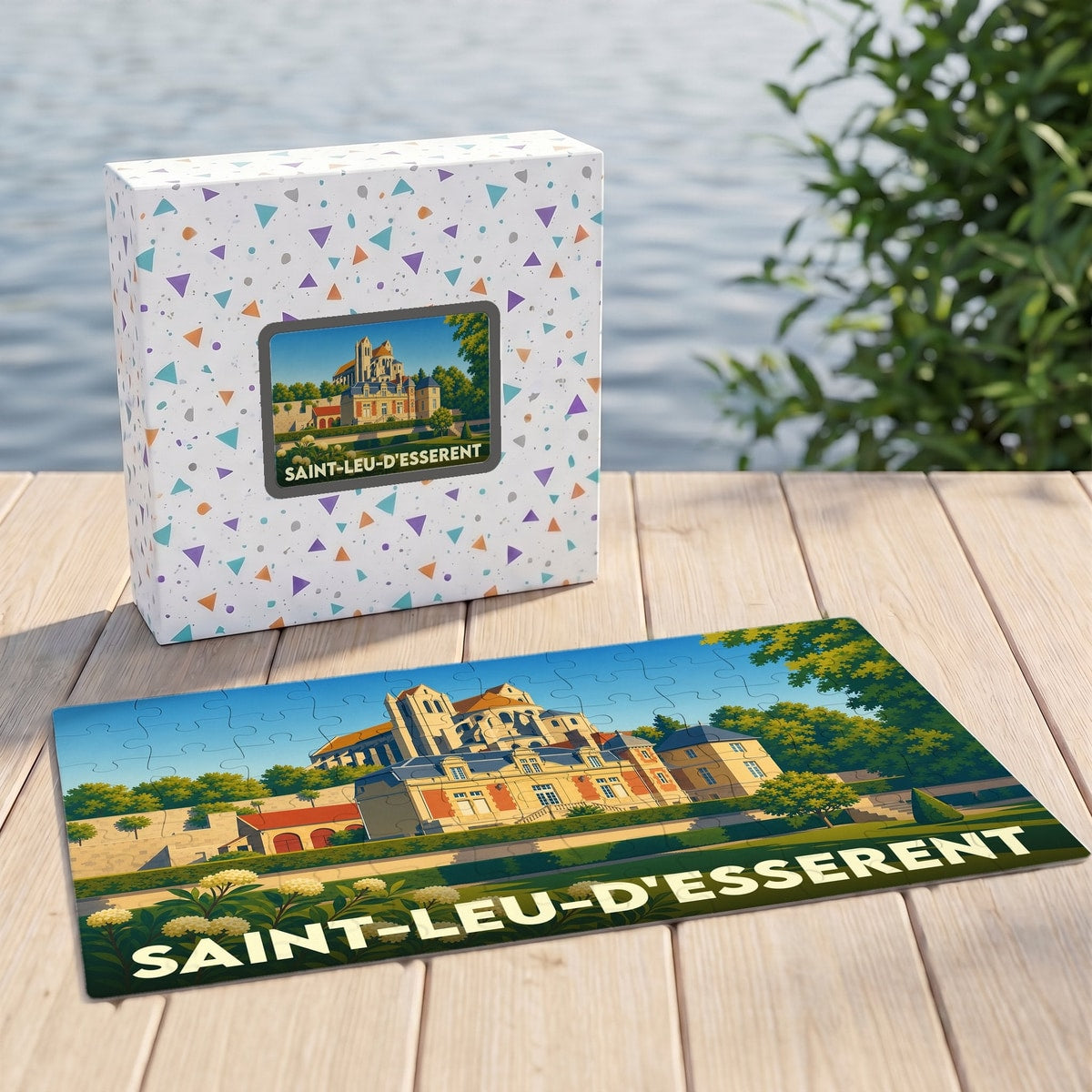 Puzzle souvenir de la ville de Saint-Leu-d'Esserent avec une illustration stylisée de son patrimoine architectural.