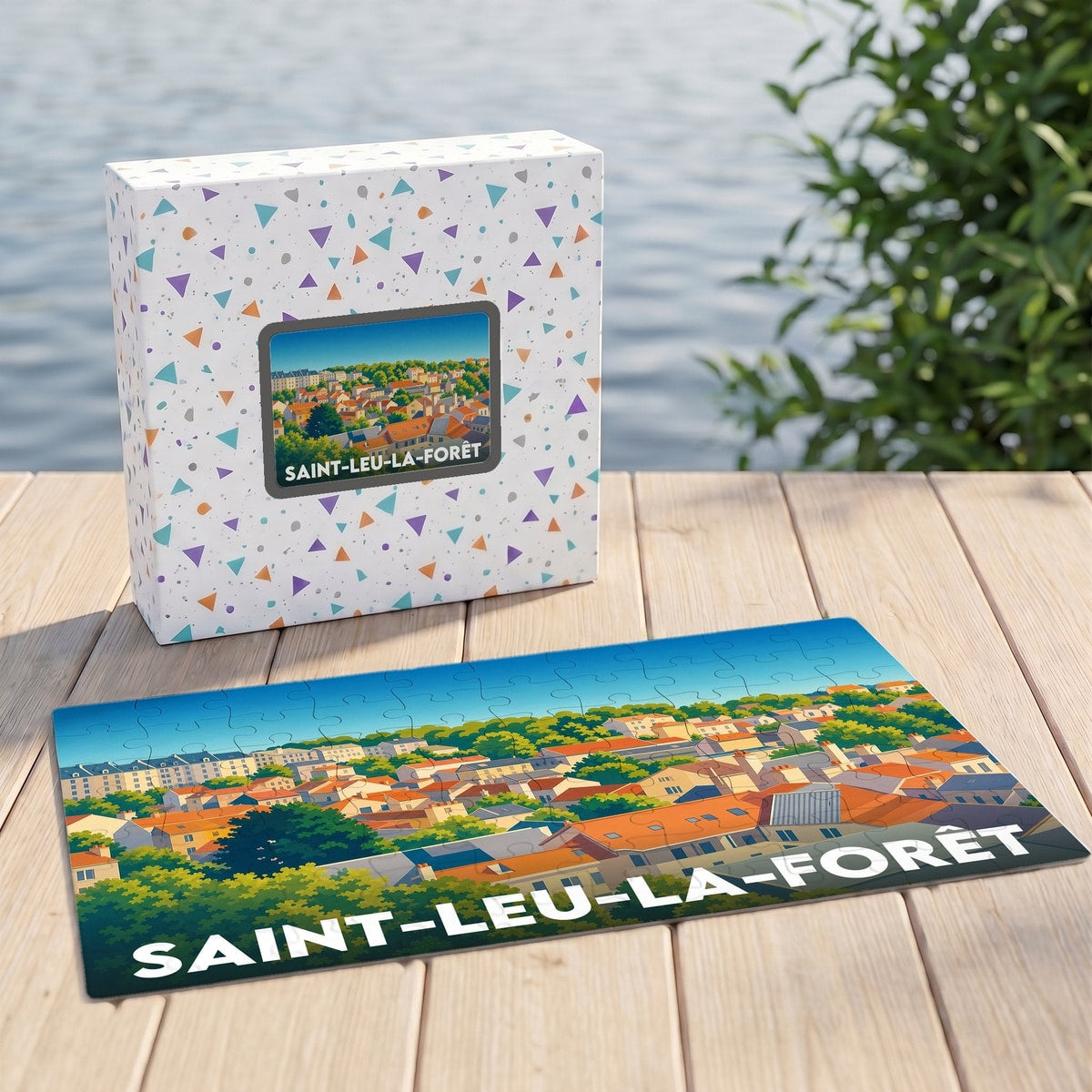Puzzle souvenir de la ville de Saint-Leu-la-Forêt avec une illustration colorée de ses toits.
