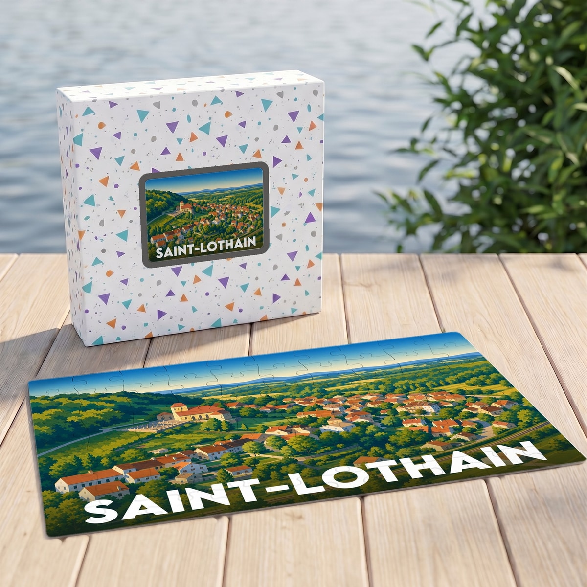Puzzle souvenir de la ville de Saint-Lothain avec une illustration panoramique stylisée.
