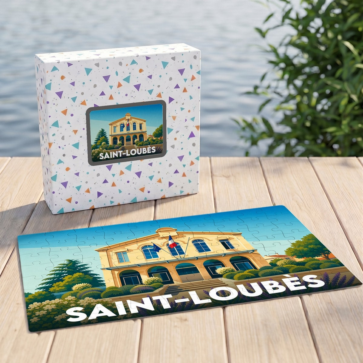 Puzzle souvenir de la ville de Saint-Loubès avec une illustration stylisée de sa mairie.