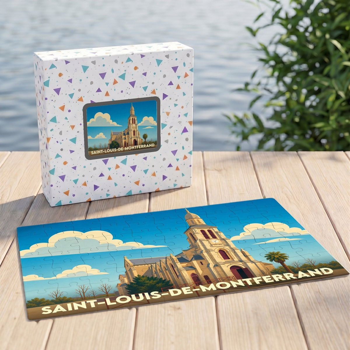 Puzzle souvenir de la ville de Saint-Louis-de-Montferrand avec une illustration stylisée d'une église sous un ciel bleu.