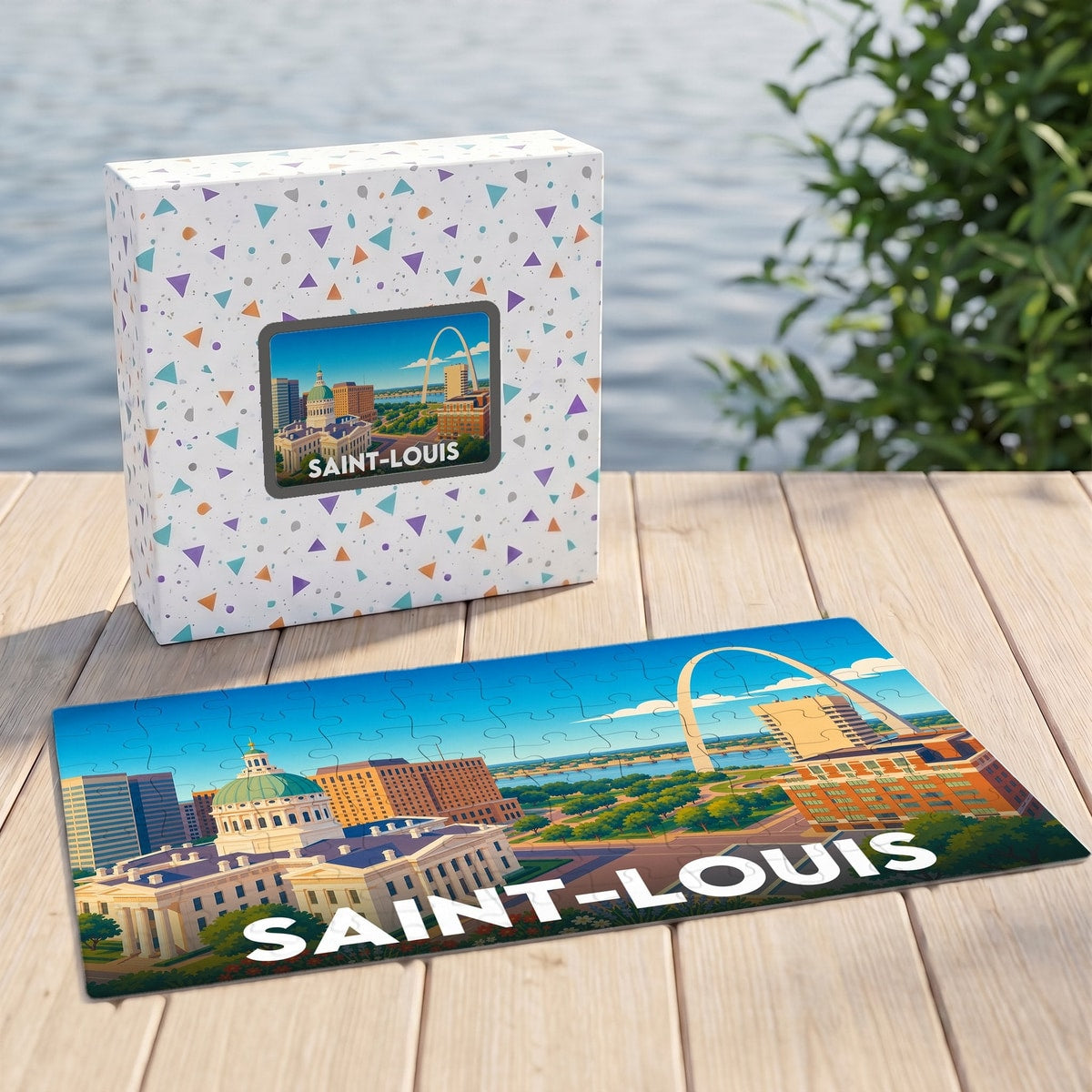 Puzzle souvenir de la ville de Saint-Louis avec une illustration stylisée de son arche et de son capitole.