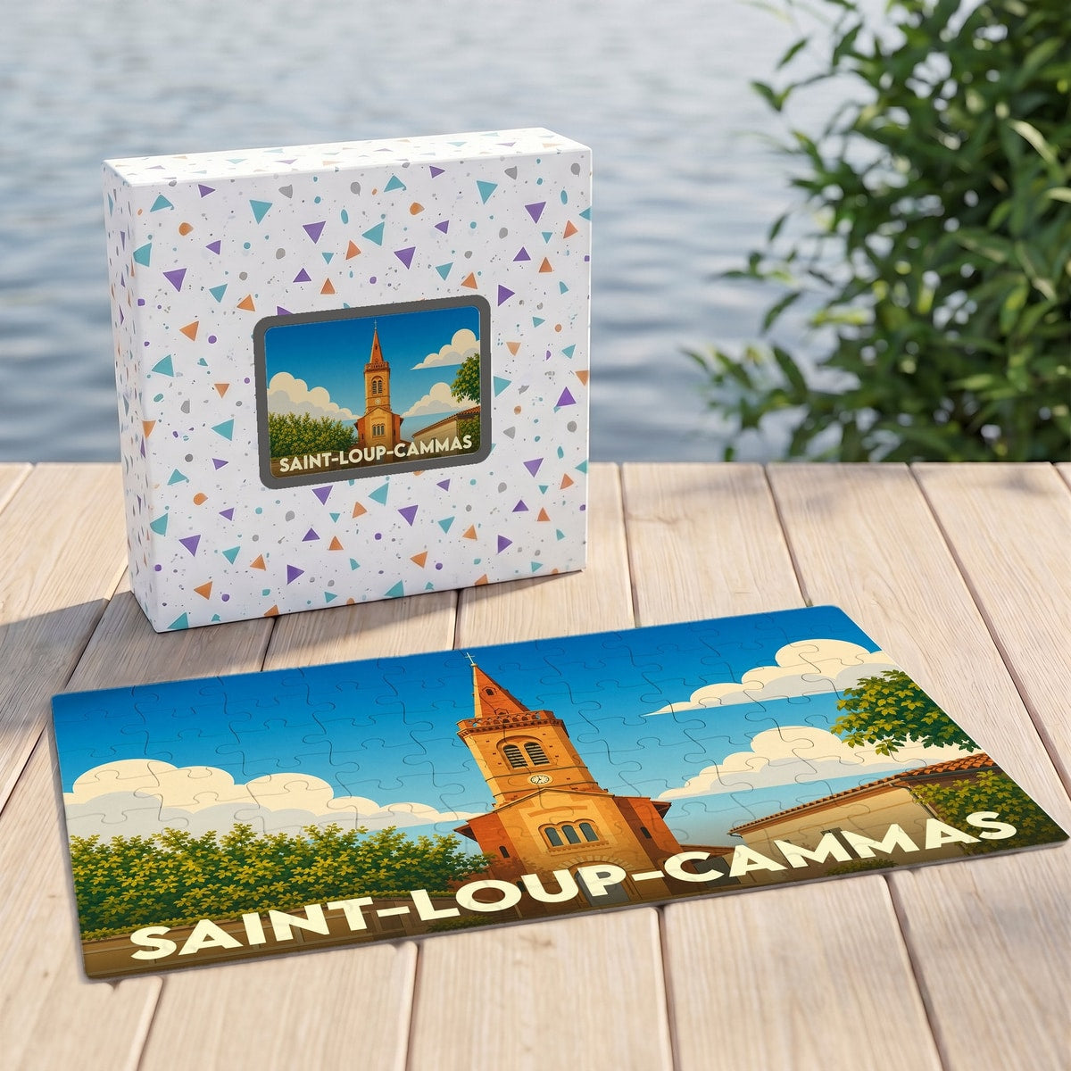 Puzzle souvenir de la ville de Saint-Loup-Cammas avec une illustration stylisée de son église.