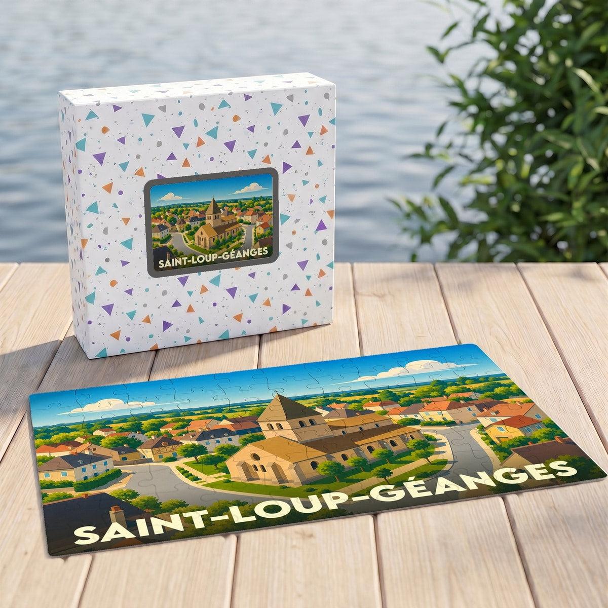 Puzzle souvenir de la ville de Saint-Loup-Géanges avec une illustration stylisée.