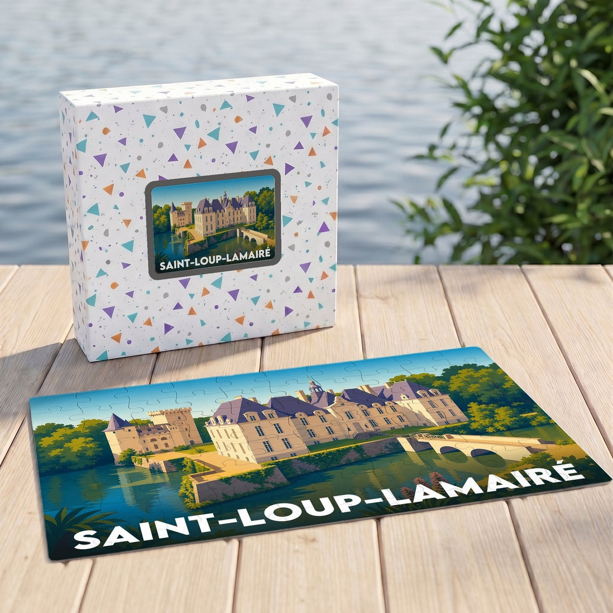 Puzzle souvenir de la ville de Saint-Loup-Lamairé illustrant son château et son pont au bord de l'eau.