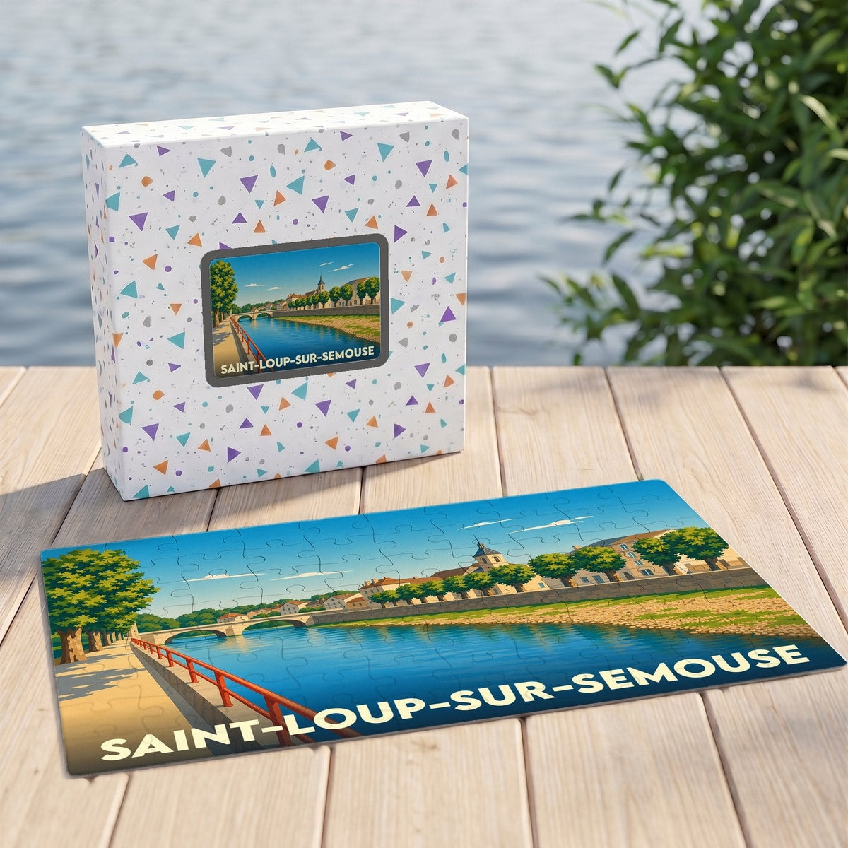 Puzzle souvenir de la ville de Saint-Loup-sur-Semouse avec une illustration stylisée d'un paysage de bord de rivière.