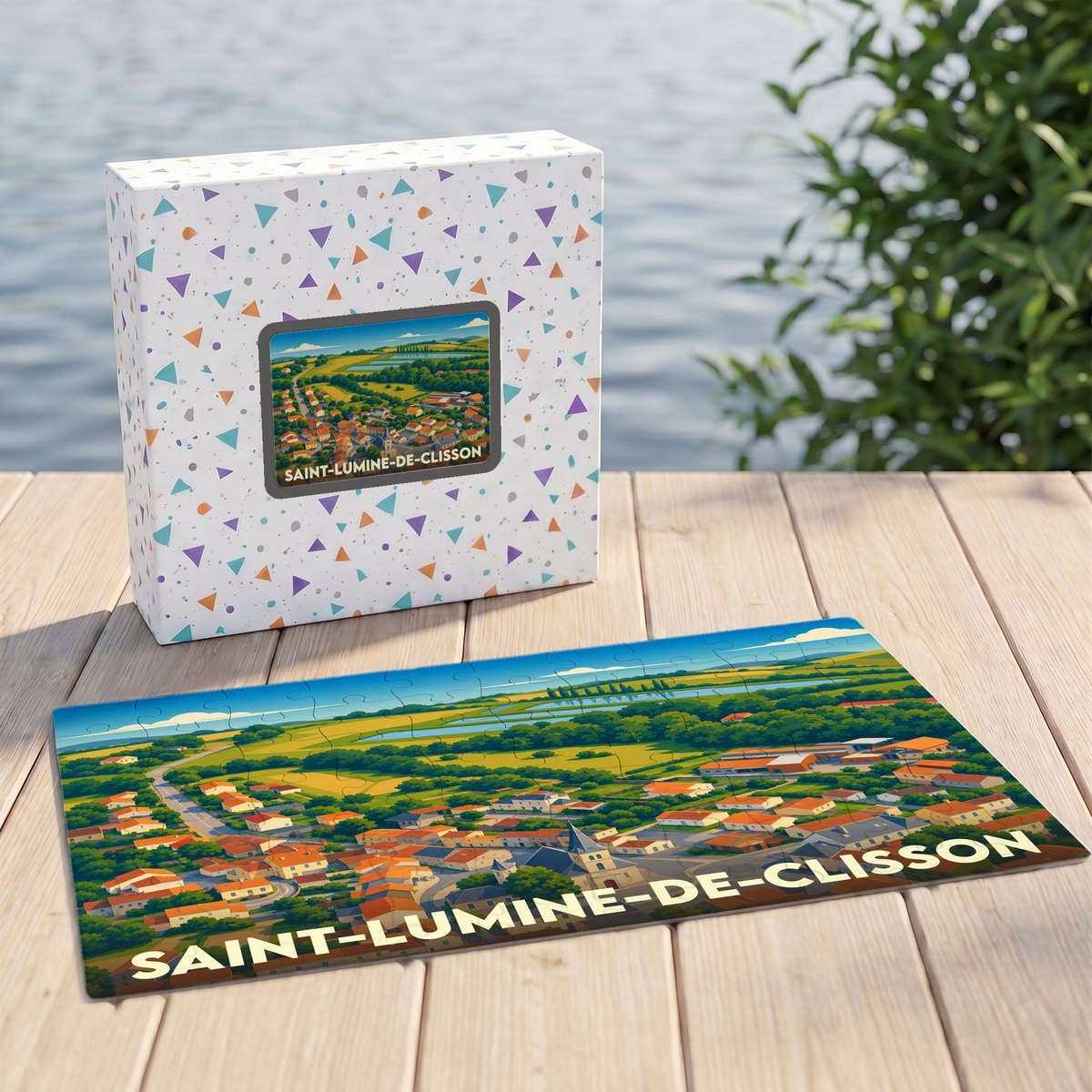 Puzzle souvenir de la ville de Saint-Lumine-de-Clisson avec une illustration panoramique colorée.