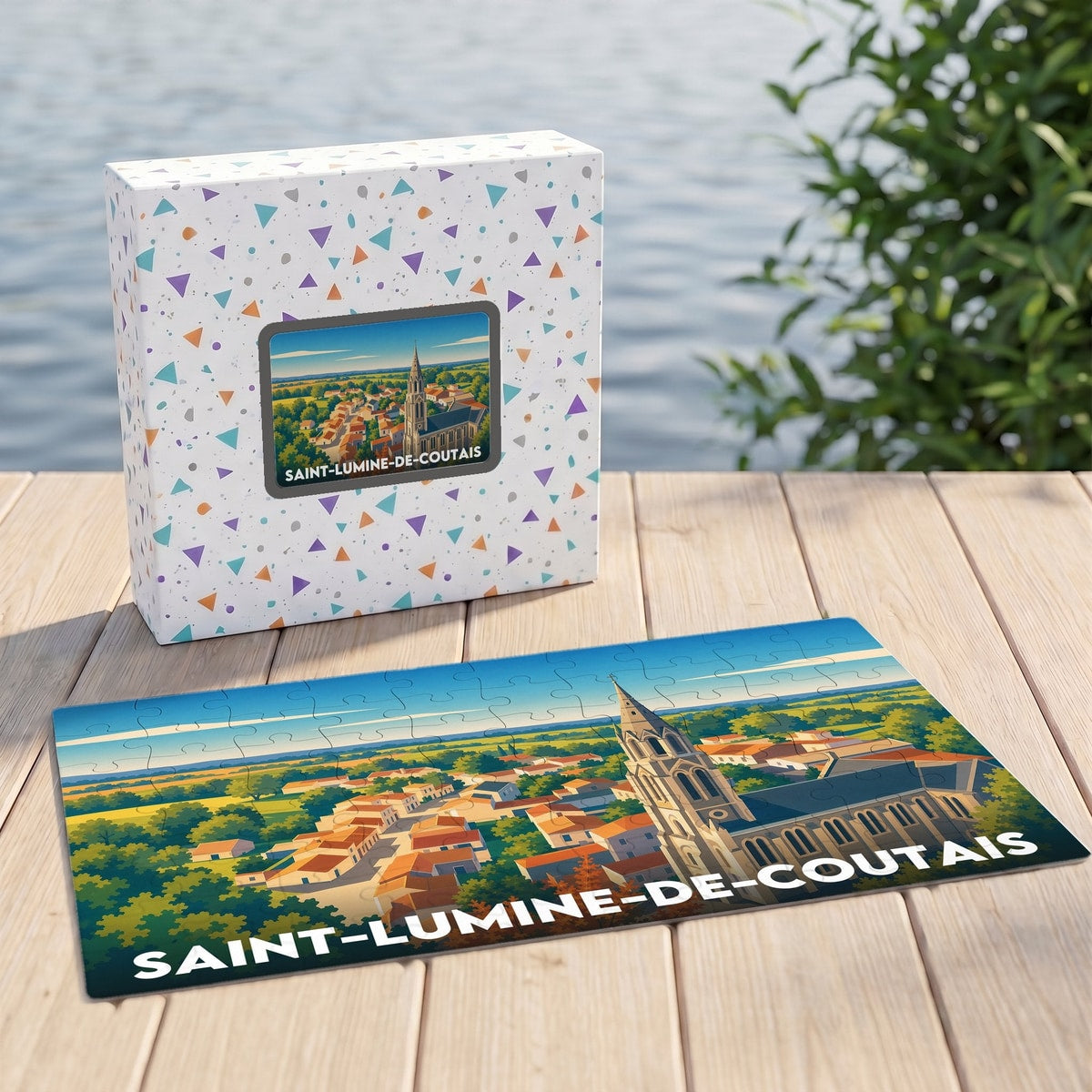 Puzzle souvenir de la ville de Saint-Lumine-de-Coutais avec une illustration stylisée de son église et de ses paysages.