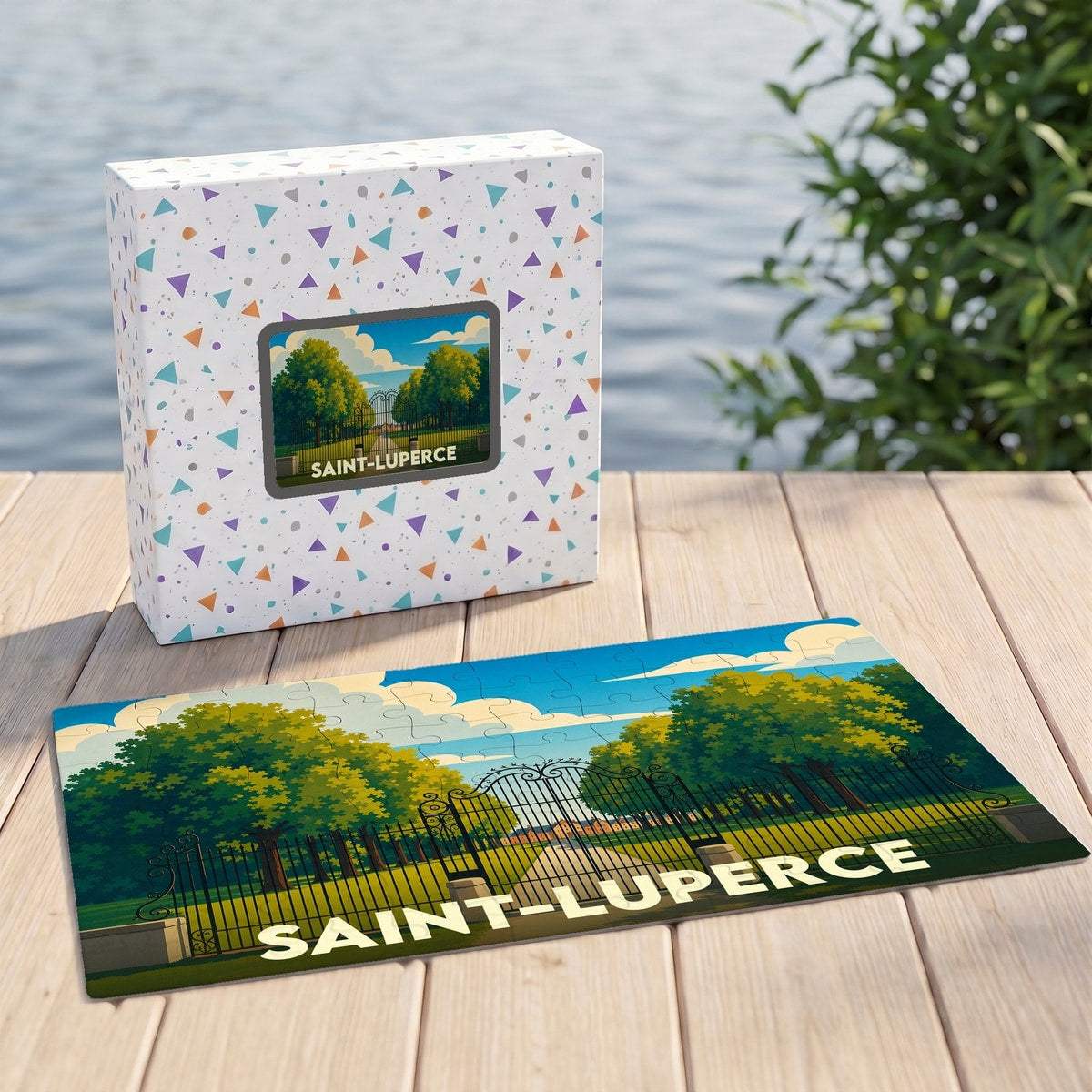 Puzzle souvenir de la ville de Saint-Luperce avec une illustration stylisée d'un parc arboré.