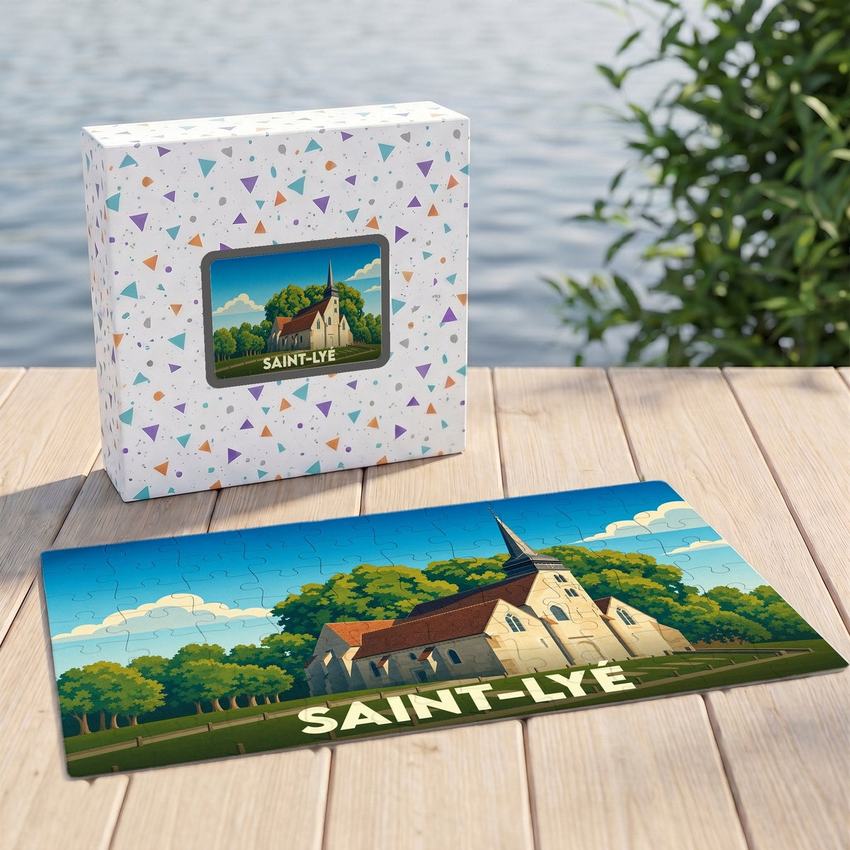 Puzzle souvenir de la ville de Saint-Lyé avec une illustration stylisée de son église.