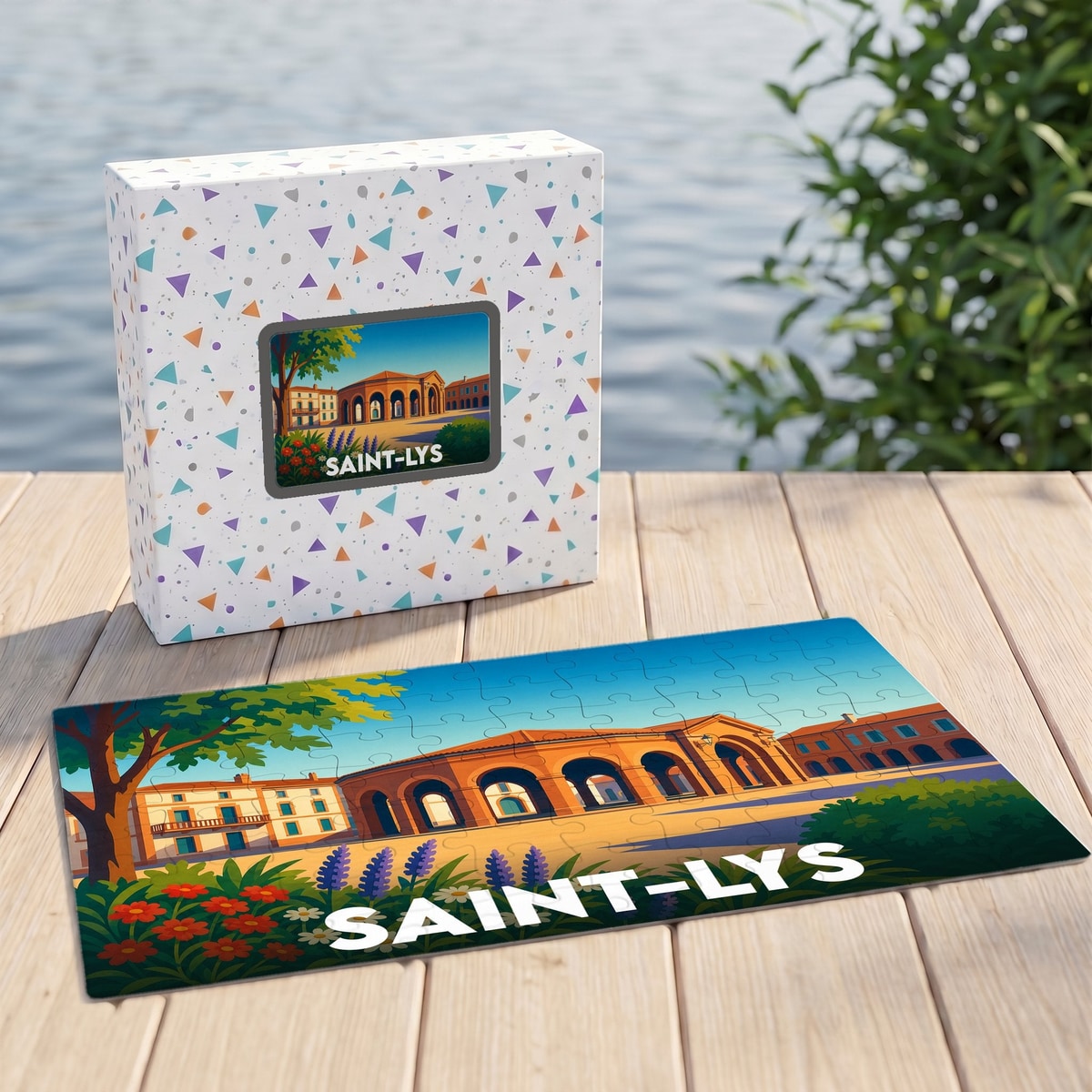 Puzzle souvenir de la ville de Saint-Lys avec une illustration stylisée et colorée.