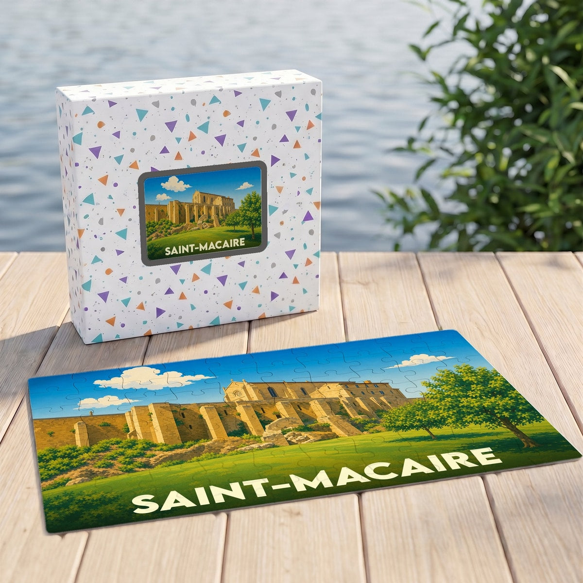 Puzzle souvenir de la ville de Saint-Macaire avec une illustration stylisée.