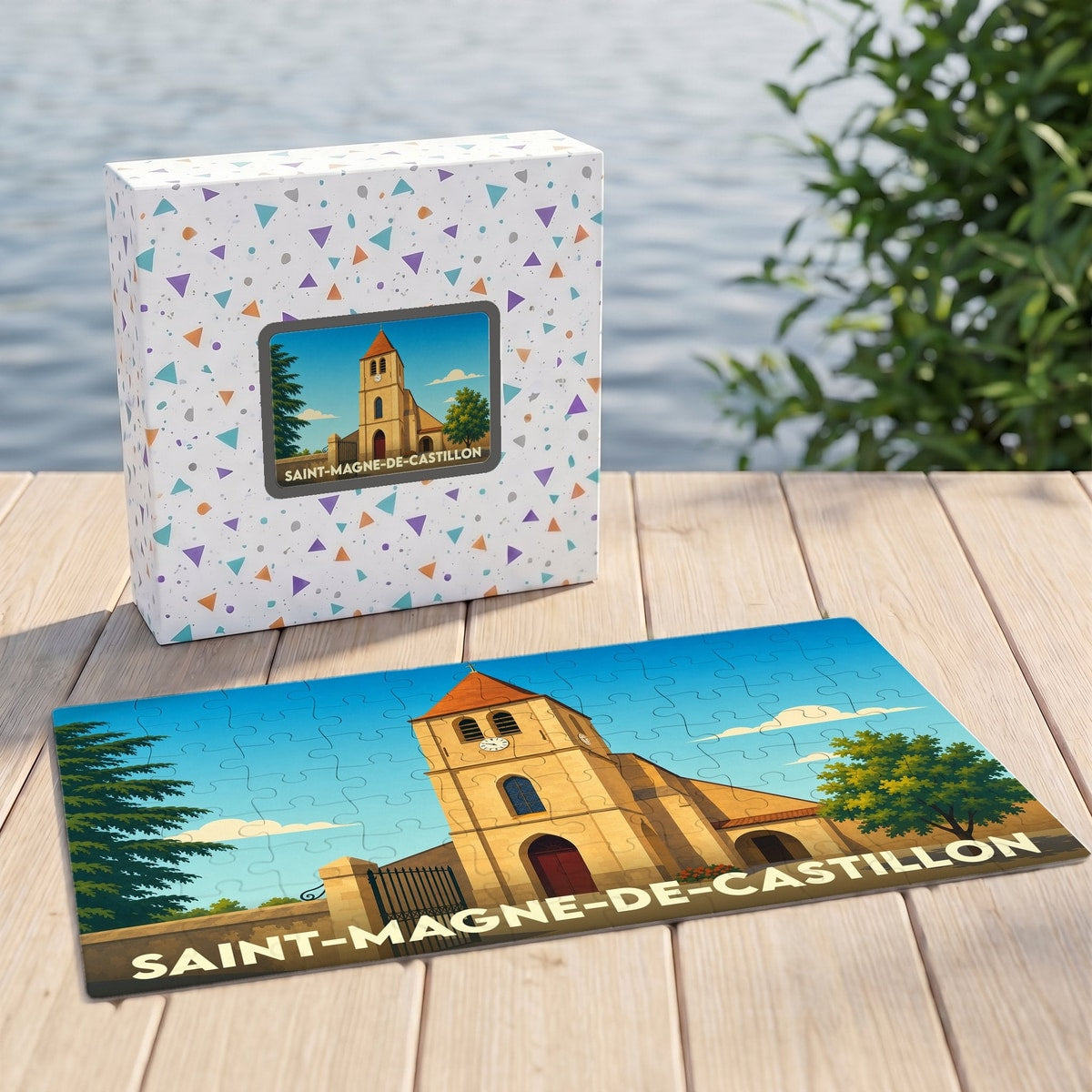 Puzzle souvenir de la ville de Saint-Magne-de-Castillon avec une illustration stylisée de son église.