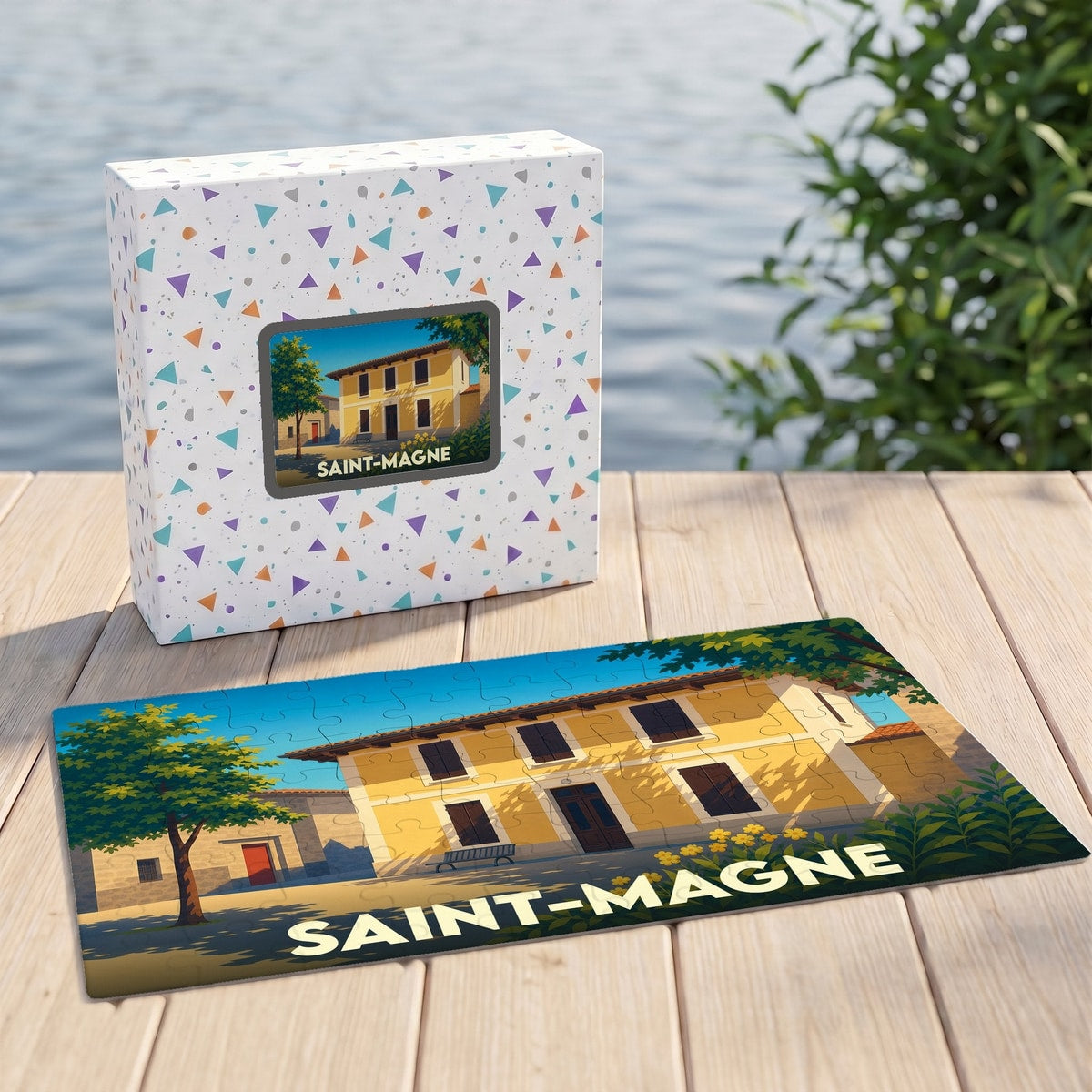 Puzzle souvenir de la ville de Saint-Magne avec une illustration stylisée d'une bâtisse ensoleillée.