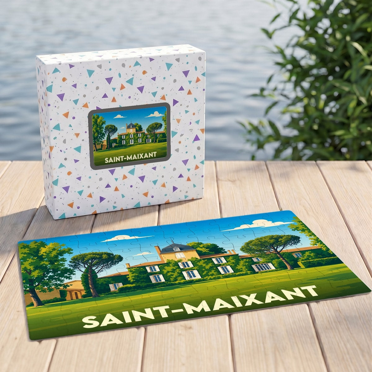 Puzzle souvenir de la ville de Saint-Maixant avec une illustration stylisée d'un domaine viticole.