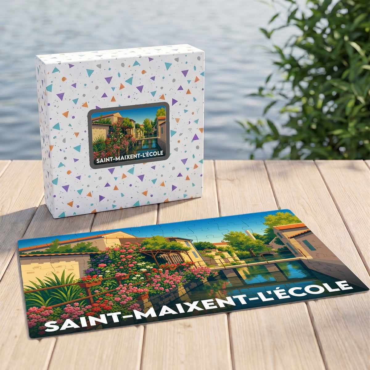 Puzzle souvenir de la ville de Saint-Maixent-l'École illustrant un paysage pittoresque au bord de l'eau.