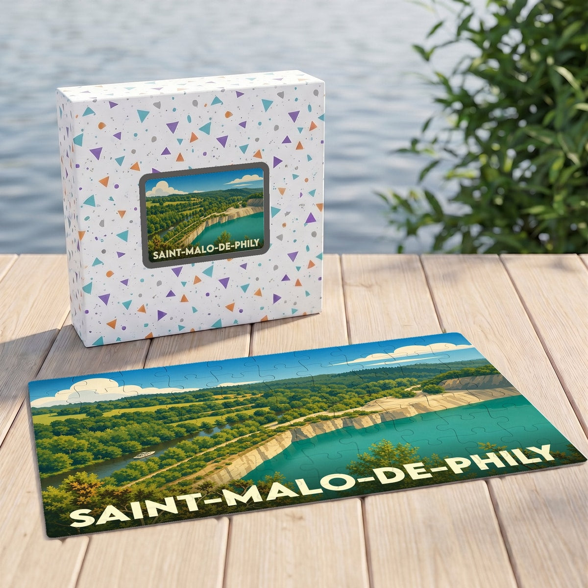 Puzzle souvenir de la ville de Saint-Malo-de-Phily avec une illustration stylisée de son paysage naturel.