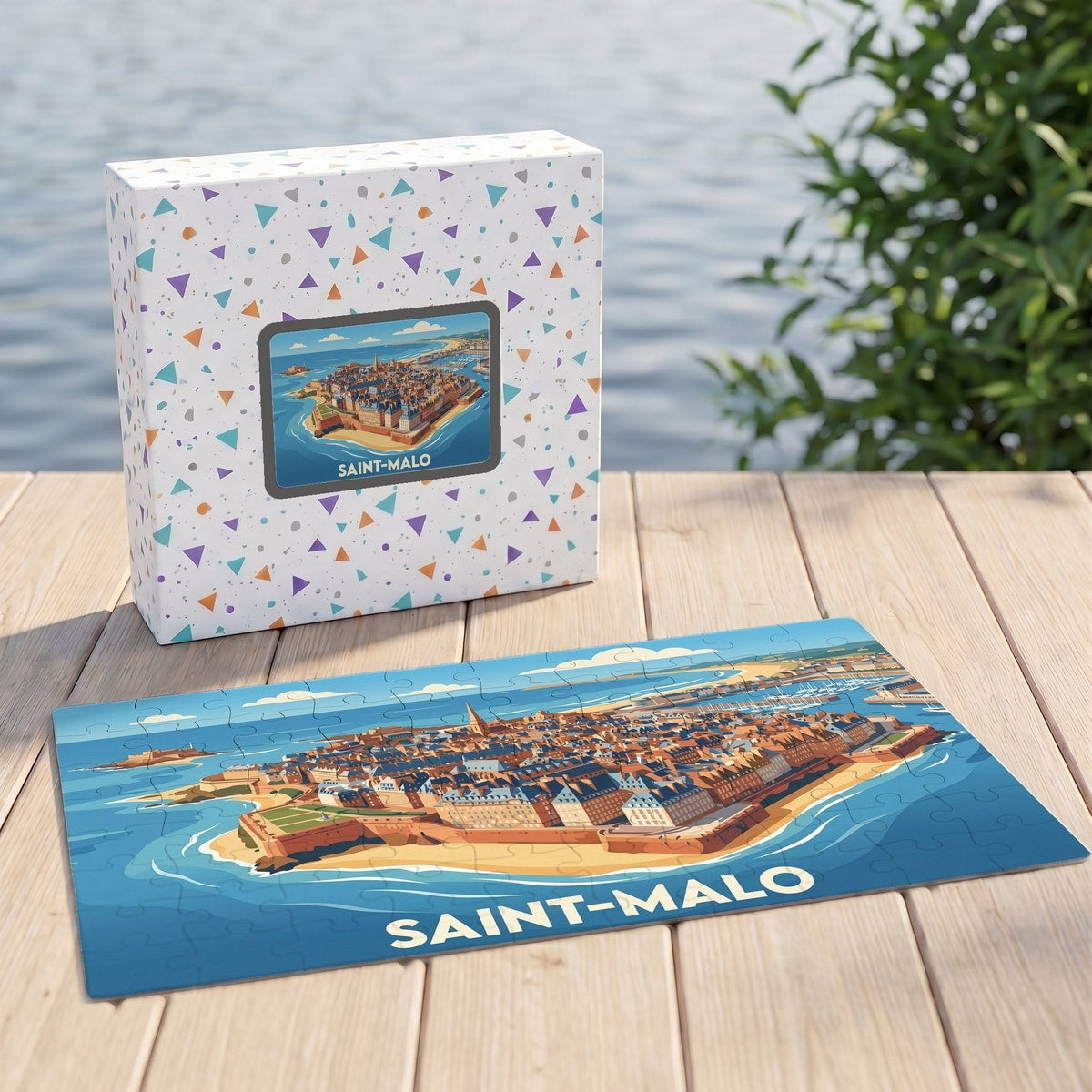 Puzzle souvenir de la ville de Saint-Malo avec une illustration stylisée.