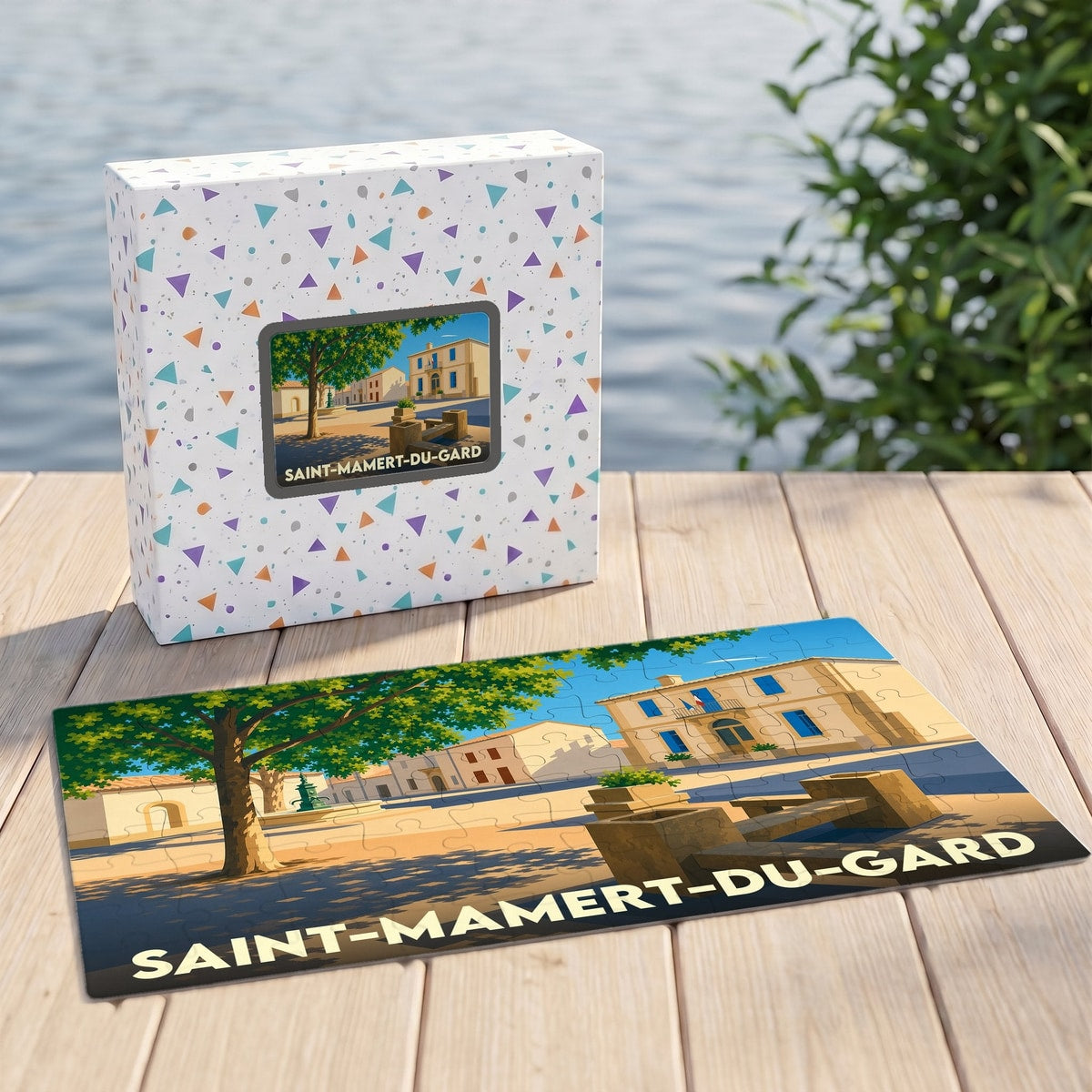 Puzzle souvenir de la ville de Saint-Mamert-du-Gard illustrant une place ensoleillée au style rétro.