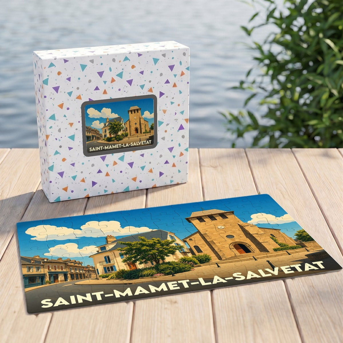 Puzzle souvenir de la ville de Saint-Mamet-la-Salvetat avec une illustration stylisée de son église et de ses maisons.