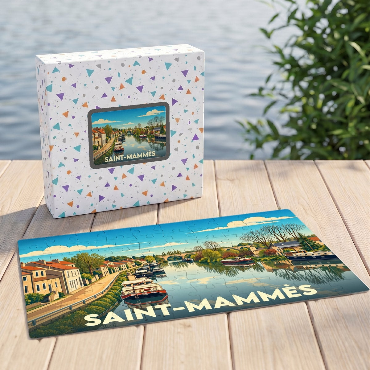 Puzzle souvenir de la ville de Saint-Mammès avec une illustration stylisée d'un bord de rivière.