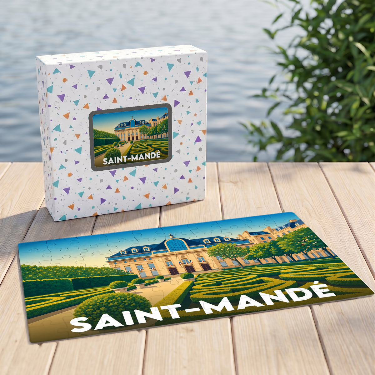 Puzzle souvenir de la ville de Saint-Mandé avec une illustration stylisée de son hôtel de ville et de ses jardins.